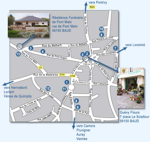 Plan d'acc&egrave;s de la R&eacute;sidence Pont Malo et de Gu&eacute;vy Fleurs